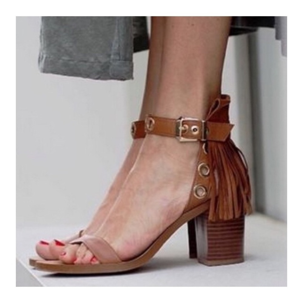 Zara Tan Fringe Leather Sandals